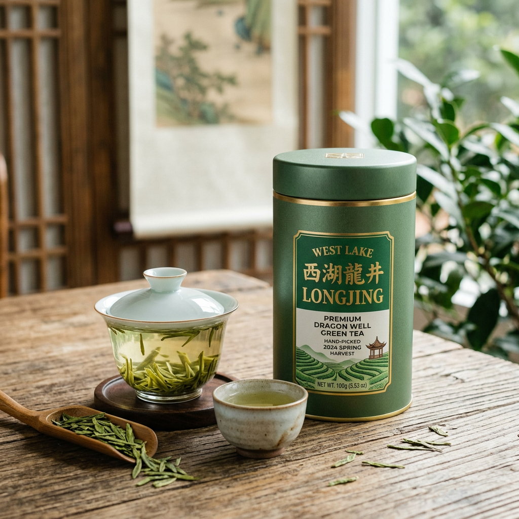 Premium Longjing green tea tin with brewed tea in a covered glass cup, a small ceramic cup, and loose tea leaves on a wooden scoop