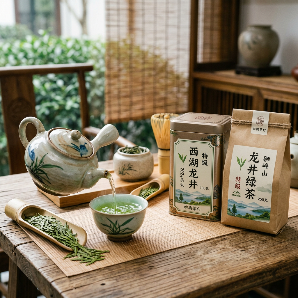 Ceramic teapot pouring green tea into a cup on wooden table with green tea leaves and packaging